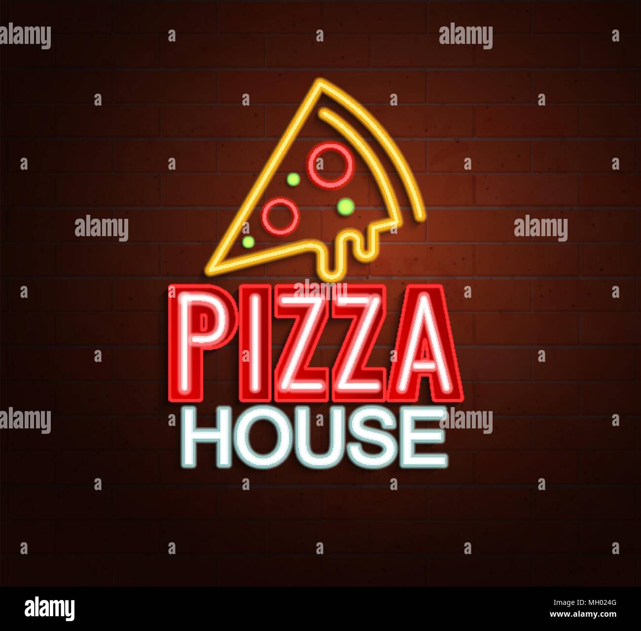 Insegna al neon di pizza house, cartello luminoso, luce banner. Pizza house logo, emblema e simbolo. Illustrazione Vettoriale. Illustrazione Vettoriale