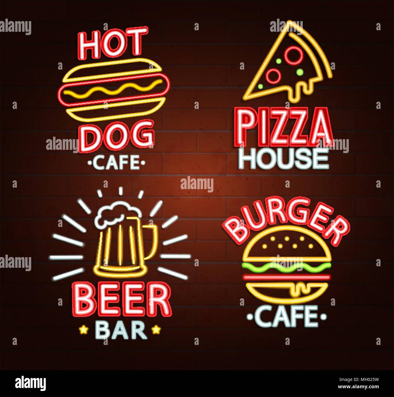 Set di insegne al neon di birra bar, hot dog cafe, pizza house, burger cafe cartello luminoso, luce banner. Neon loghi, emblemi e simboli. Vettore. Illustrazione Vettoriale