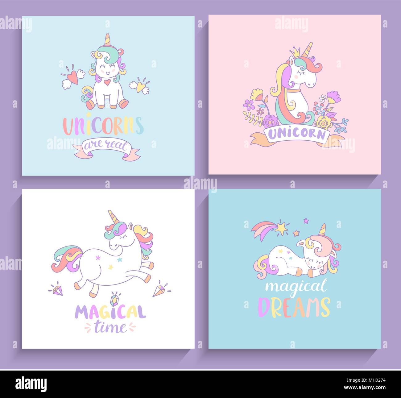 Set di magica unicorns biglietti di auguri con caratteri. Illustrazione Vettoriale per la stampa e per i biglietti di auguri, stampa. Illustrazione Vettoriale