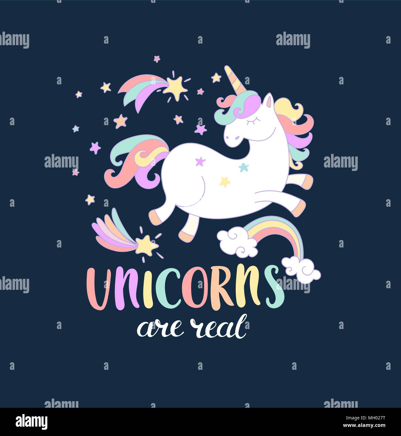 Lettering Unicorn sono reali con stelle, rainbow e stelle cadenti. Illustrazione Vettoriale per la progettazione, la stampa. Illustrazione Vettoriale