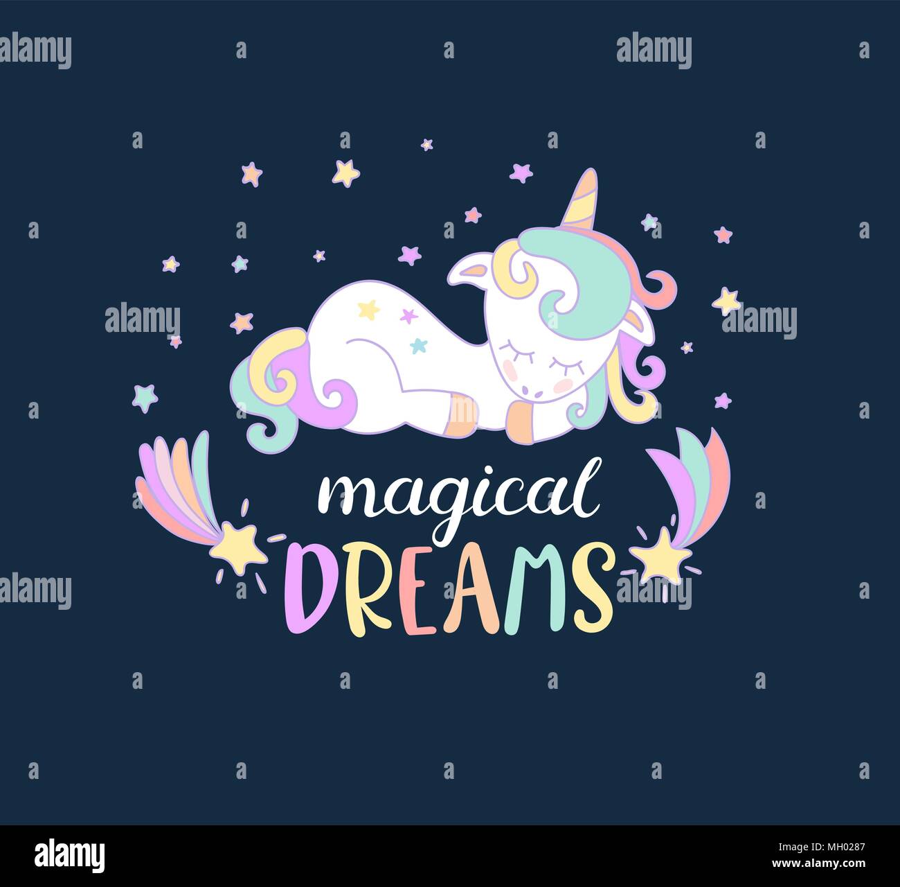 Sogni magici da unicorns con caratteri. Illustrazione Vettoriale per la progettazione, la stampa. Illustrazione Vettoriale