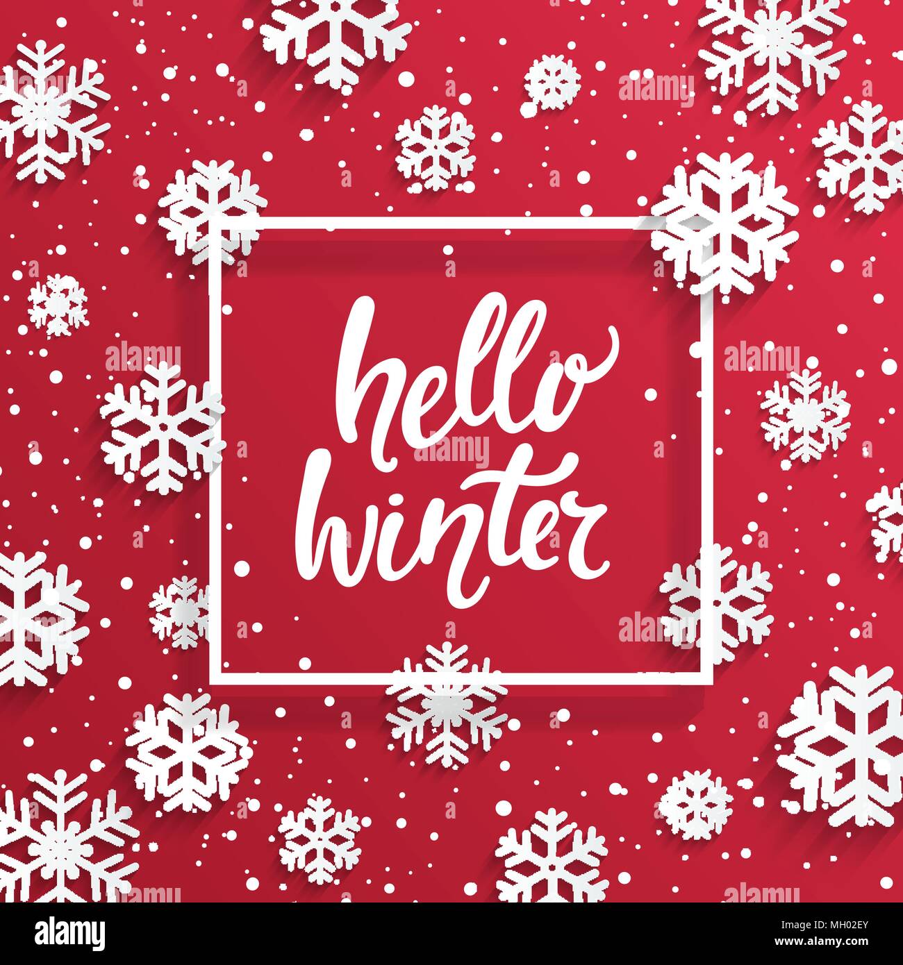 Ciao Winter card con i fiocchi di neve su sfondo rosso. Illustrazione Vettoriale banner. Illustrazione Vettoriale