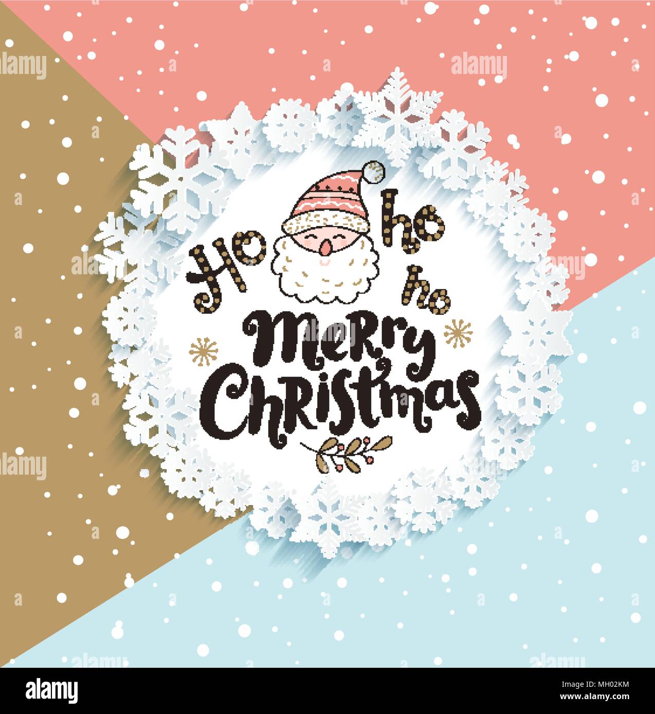 Felice Natale biglietto di auguri con caratteri geometrici e nevicata sfondo. Illustrazione Vettoriale. Illustrazione Vettoriale