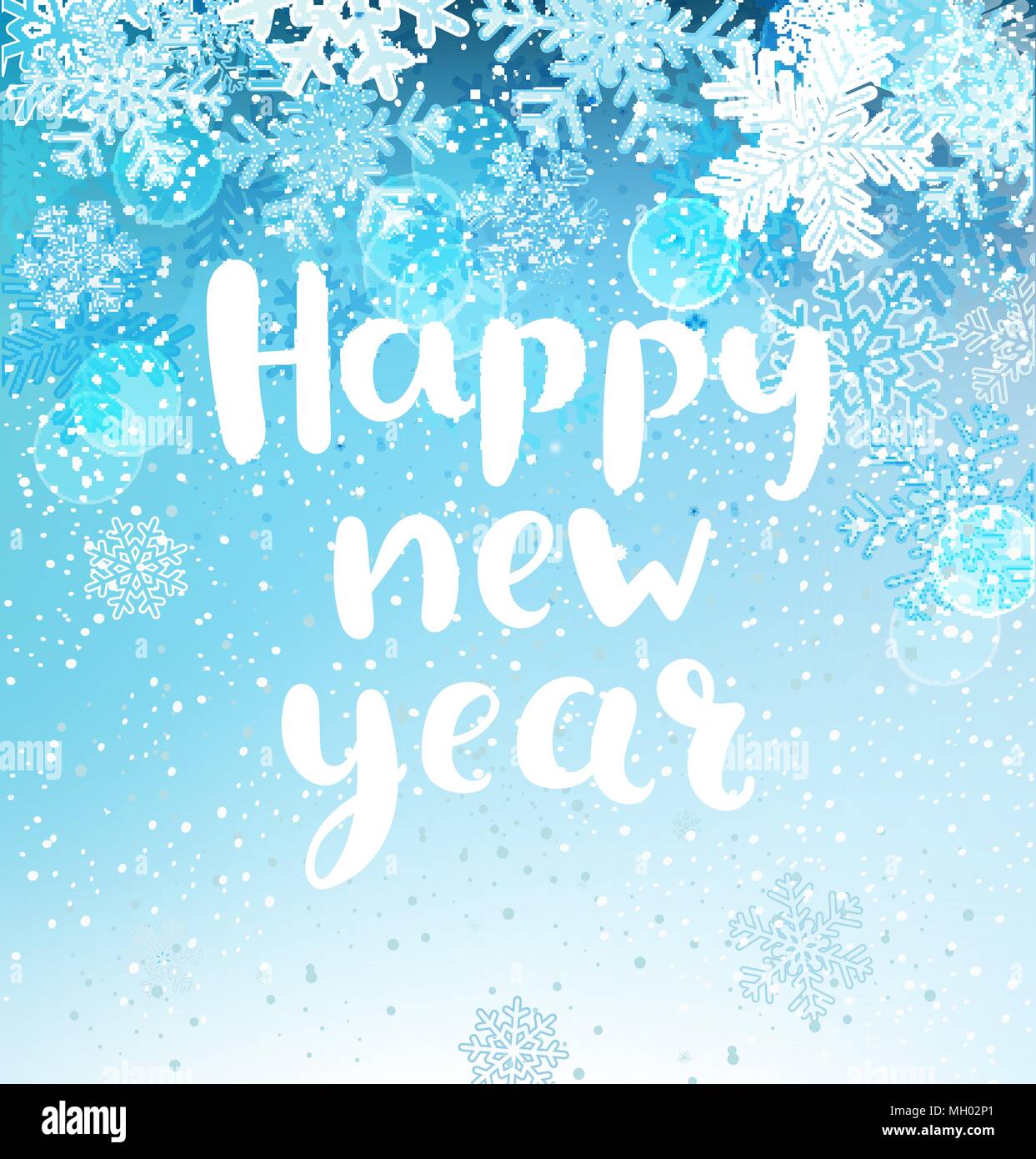 Felice anno nuovo biglietto di auguri con scritte e i fiocchi di neve sullo sfondo. Illustrazione Vettoriale. Illustrazione Vettoriale