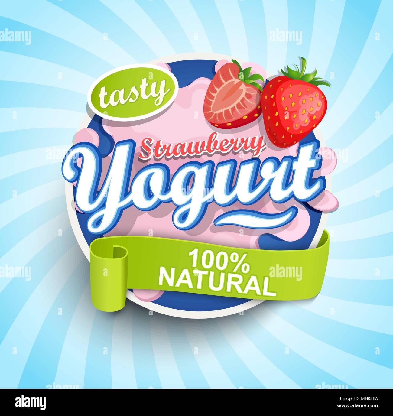 Fresco e naturale di yogurt alla fragola etichetta splash con nastro blu su sfondo a raggiera per logo, template, etichetta, emblema per negozi di generi alimentari, negozi, il confezionamento e la pubblicità. Illustrazione Vettoriale. Illustrazione Vettoriale