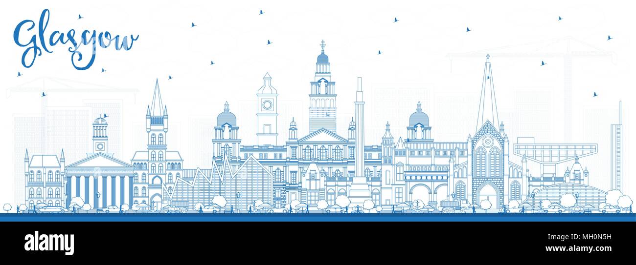 Delineare Glasgow Scozia skyline della città con edifici di colore blu. Illustrazione Vettoriale. Viaggi di affari e di turismo con il concetto di architettura storica. Glasgo Illustrazione Vettoriale
