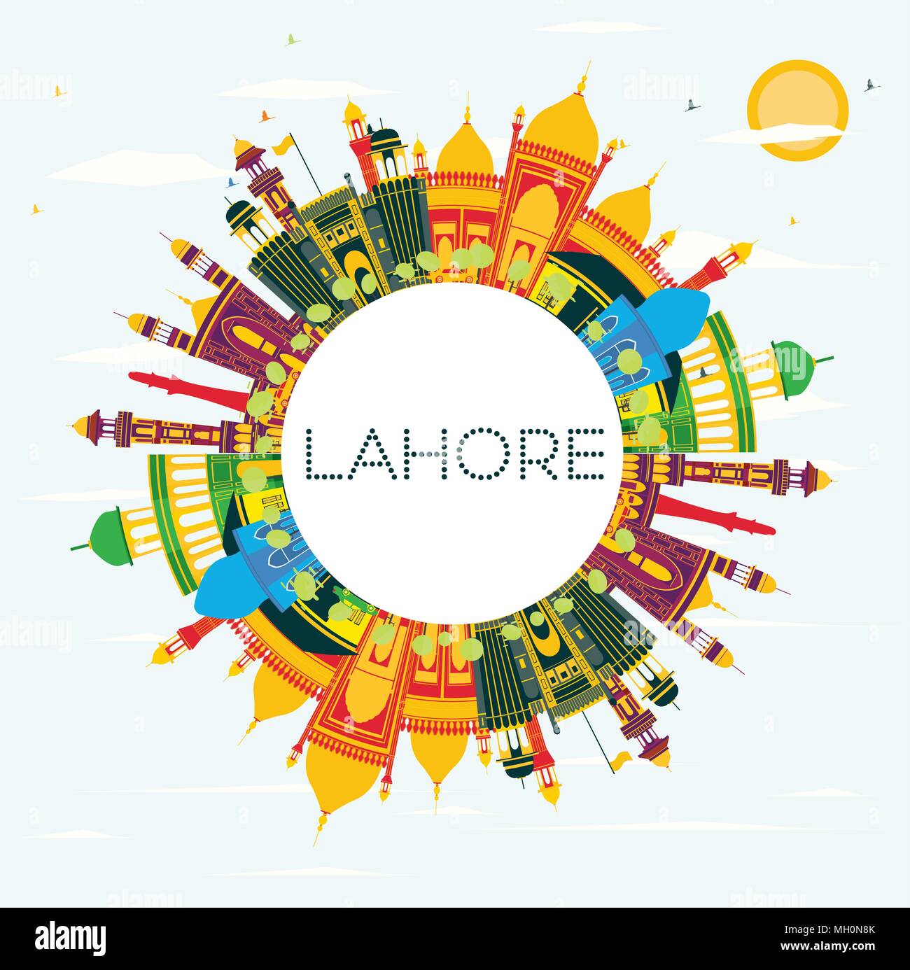 Lahore Skyline con punti di riferimento di colore, il blu del cielo e spazio di copia. Illustrazione Vettoriale. Viaggi di affari e turismo concetto con edifici storici. Lahore Illustrazione Vettoriale