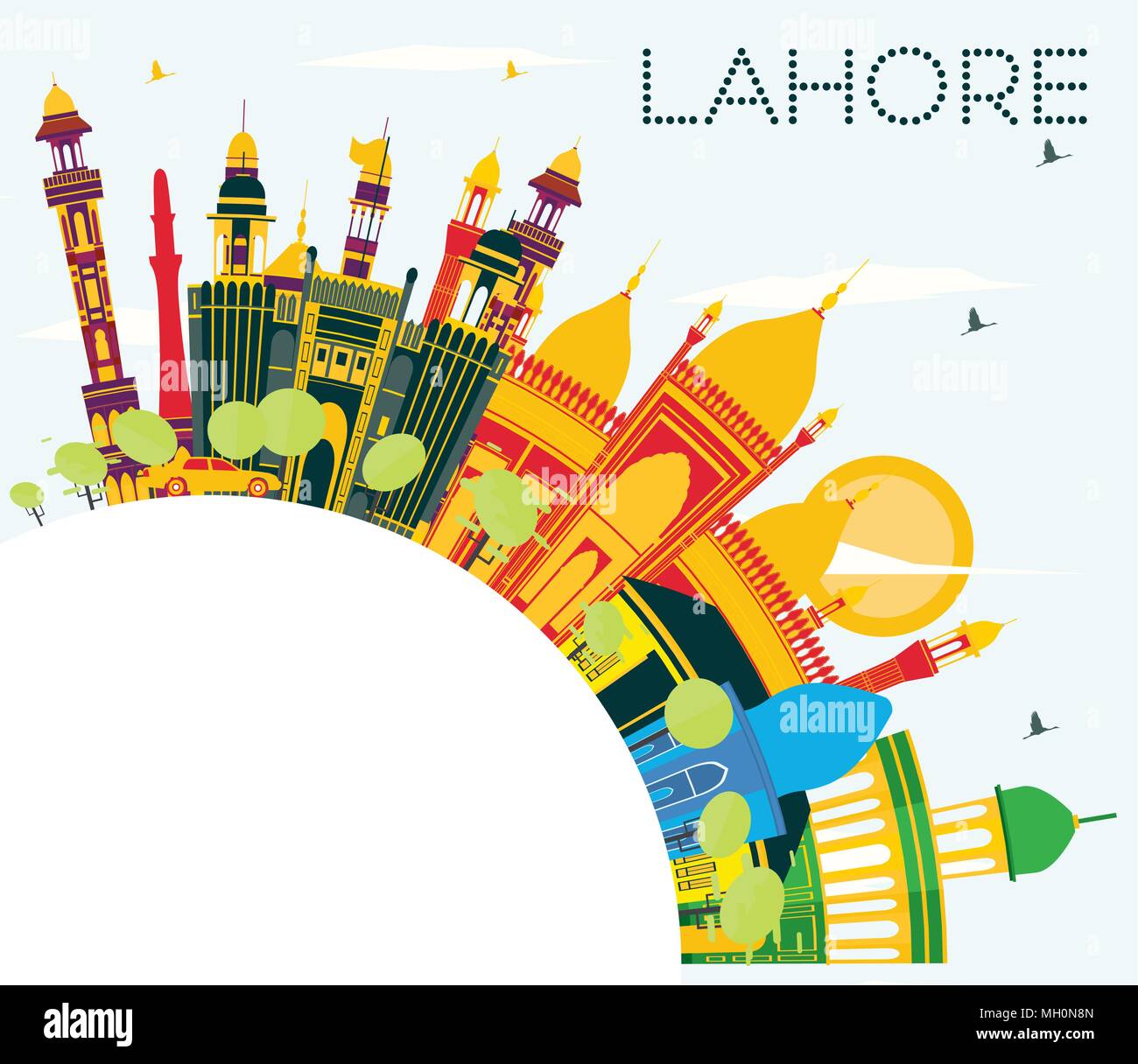 Lahore Skyline con punti di riferimento di colore, il blu del cielo e spazio di copia. Illustrazione Vettoriale. Viaggi di affari e turismo concetto con edifici storici. Lahore Illustrazione Vettoriale
