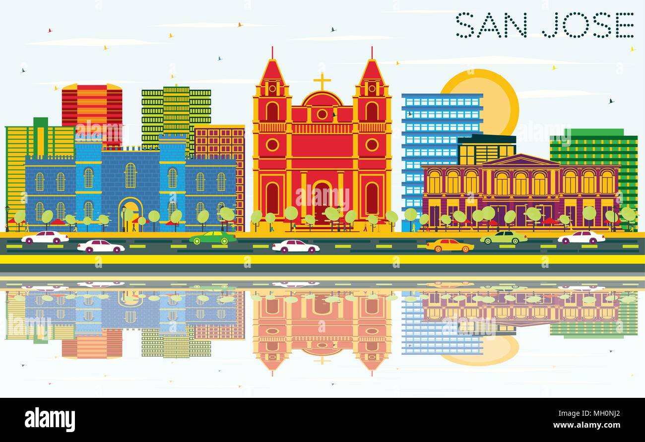 San Jose Skyline con edifici di colore, cielo blu e riflessi. Illustrazione Vettoriale. Viaggi di affari e di turismo con il concetto di architettura moderna. Illustrazione Vettoriale