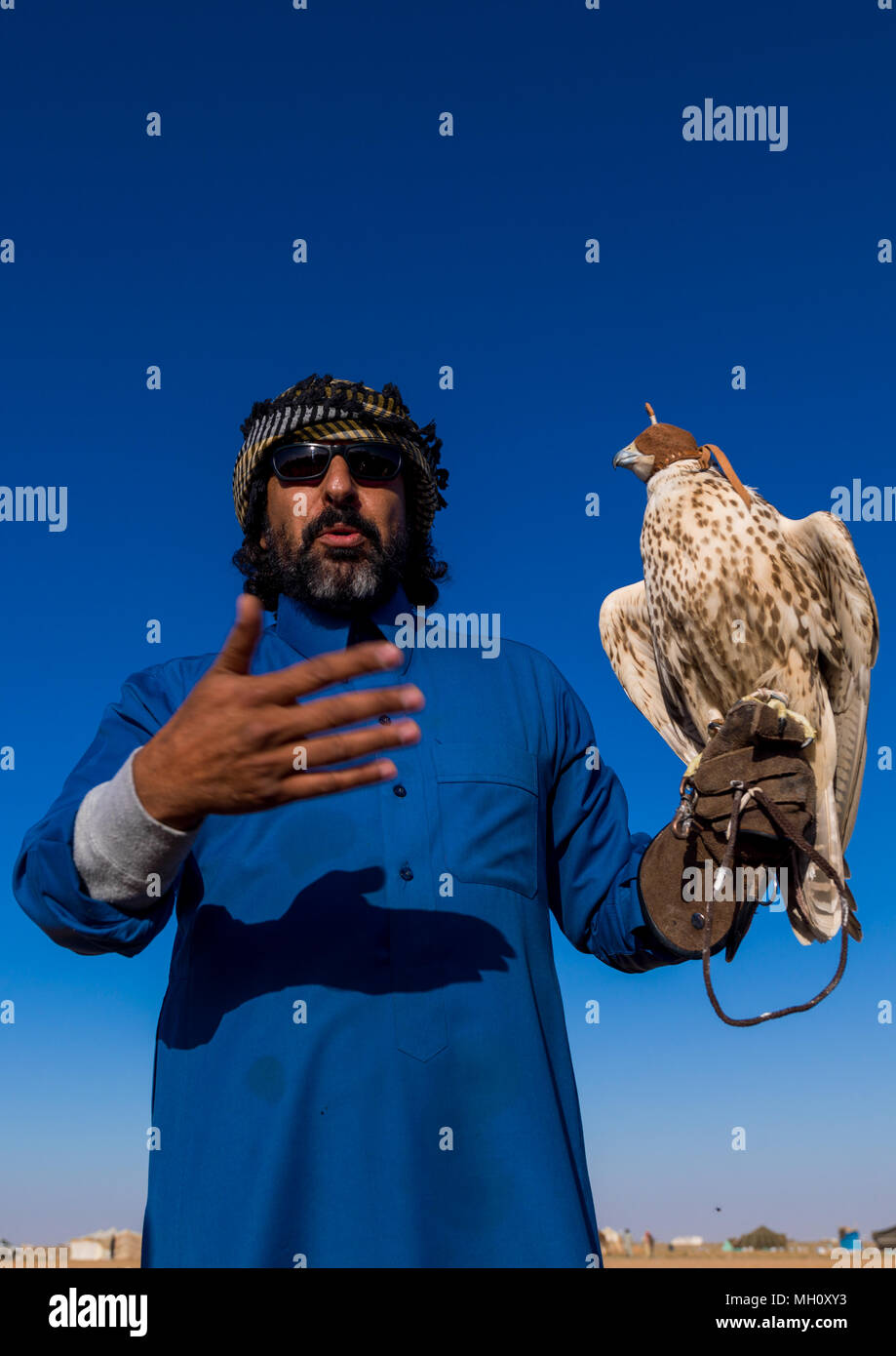 Arabia uomo con falcon appollaiate su mano, Al-Jawf Provincia, Sakaka, Arabia Saudita Foto Stock