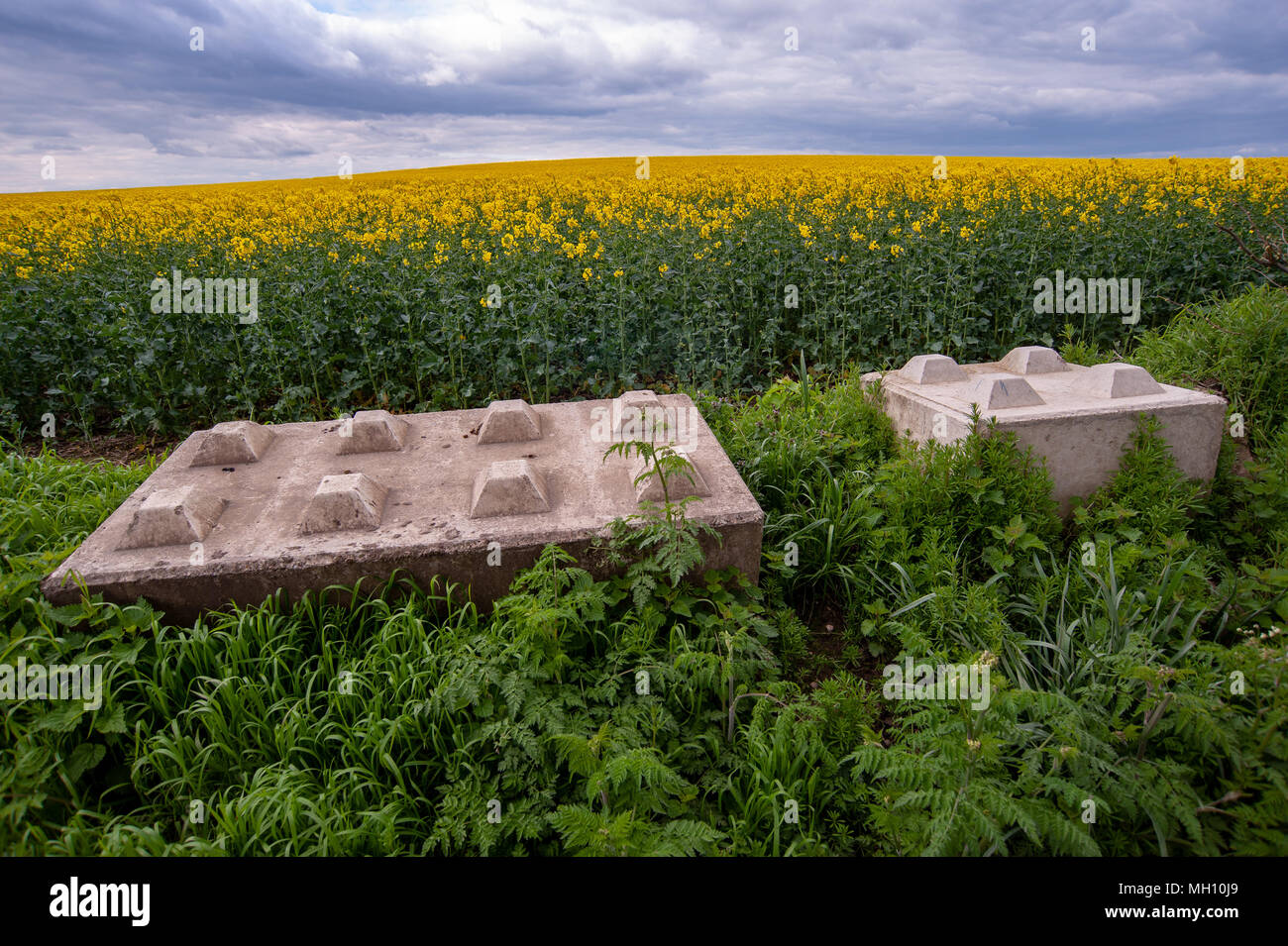 Blocco sul paesaggio, grandi blocchi di calcestruzzo guardando come maxi lego, utilizzato dagli agricoltori per prevenire accessi non autorizzati alle superfici agricole da parte dei bracconieri un Foto Stock