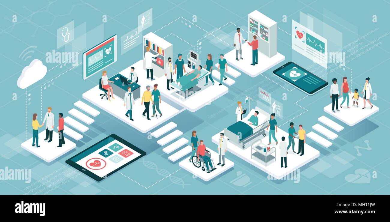 Virtuale isometrica clinica medica con camere, medici e pazienti: medicina, sanità e il concetto di tecnologia Illustrazione Vettoriale