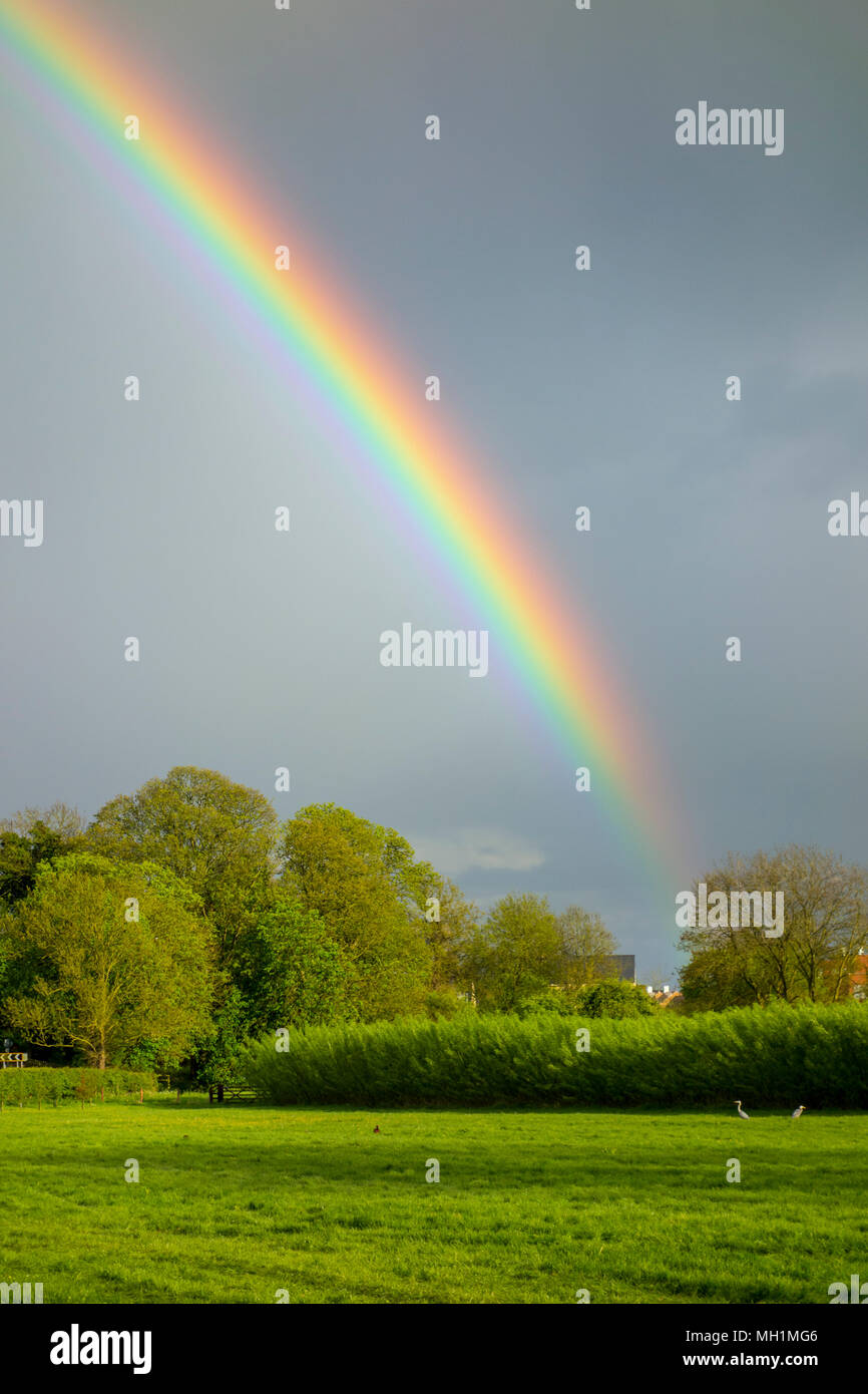 Rainbow su campi e campagna in Grantchester, Cambridge, Cambridgeshire, Regno Unito Foto Stock