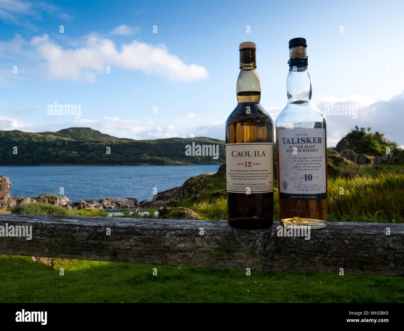 Bottiglie di Scotch whisky in un paesaggio scozzese Foto Stock