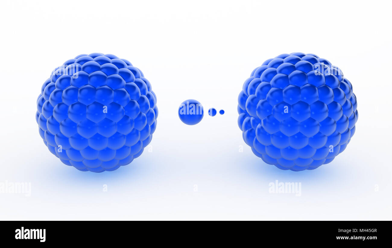 Isolato 3d reazione nucleare modello, su bianco, orizzontale Foto Stock