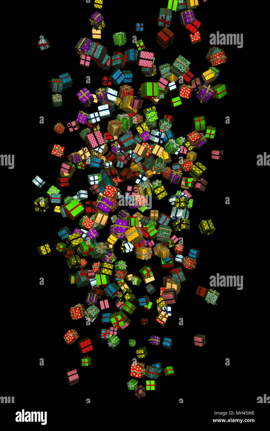 Numerose avvolto confezione regalo 3d, isolato, verticale Foto Stock