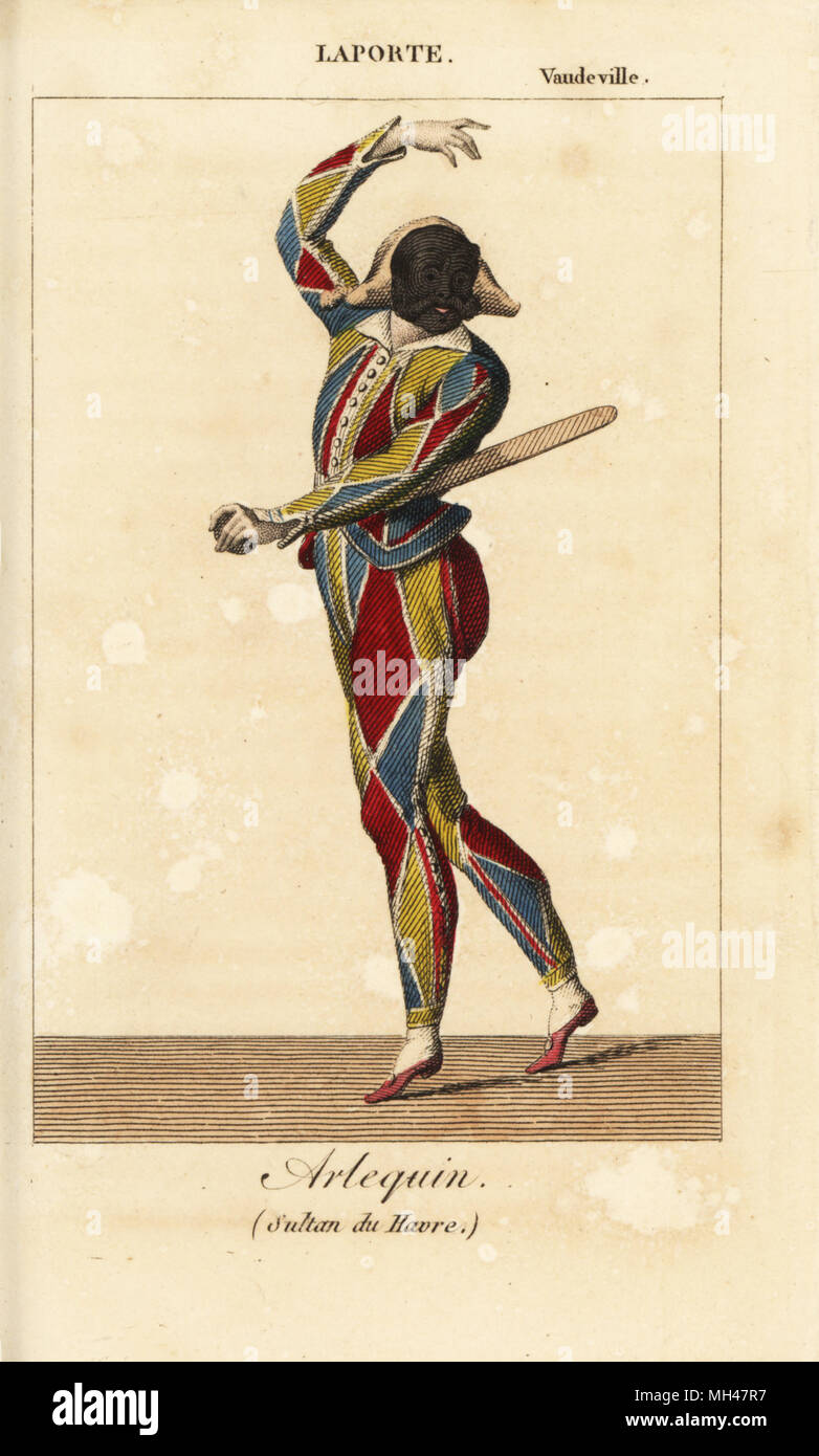 Attore francese Jacques Francois Laporte (1775-1841) come Arlequin nel "folie-vaudeville' one-act play Le Sultan du Havre da Armand d'Artois e Henry Dupin presso il Teatro Vaudeville, 1810. Handcolored incisione su rame da Charles Malo's Almanach des occhiali par K. Y. Z, Chez Louis Janet, Parigi, 1820. Foto Stock