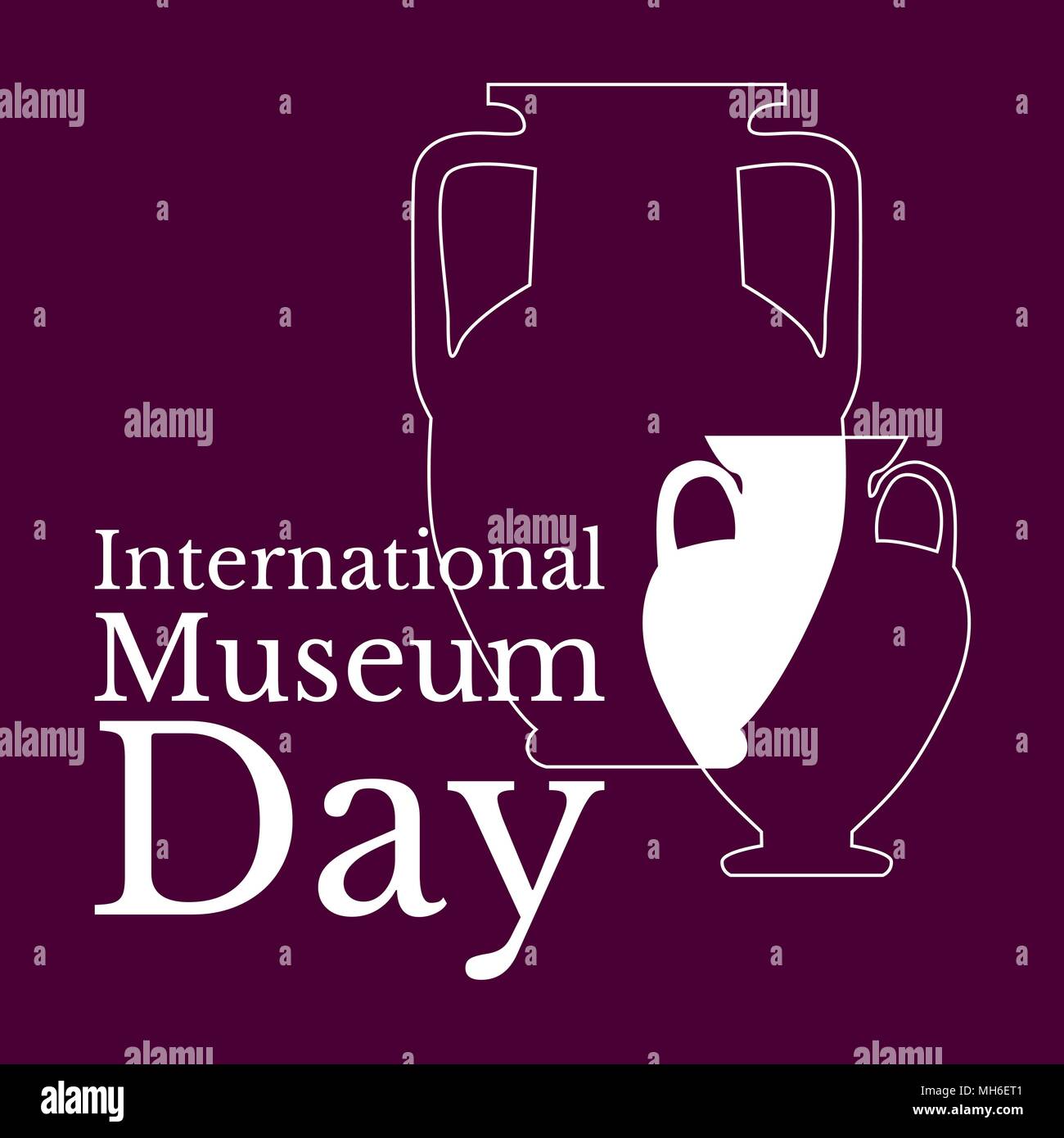 La Giornata Internazionale dei Musei. Il concetto di evento. 18 maggio. Il nome della vacanza e i contorni di due vasi greci. Sfondo di Borgogna Illustrazione Vettoriale