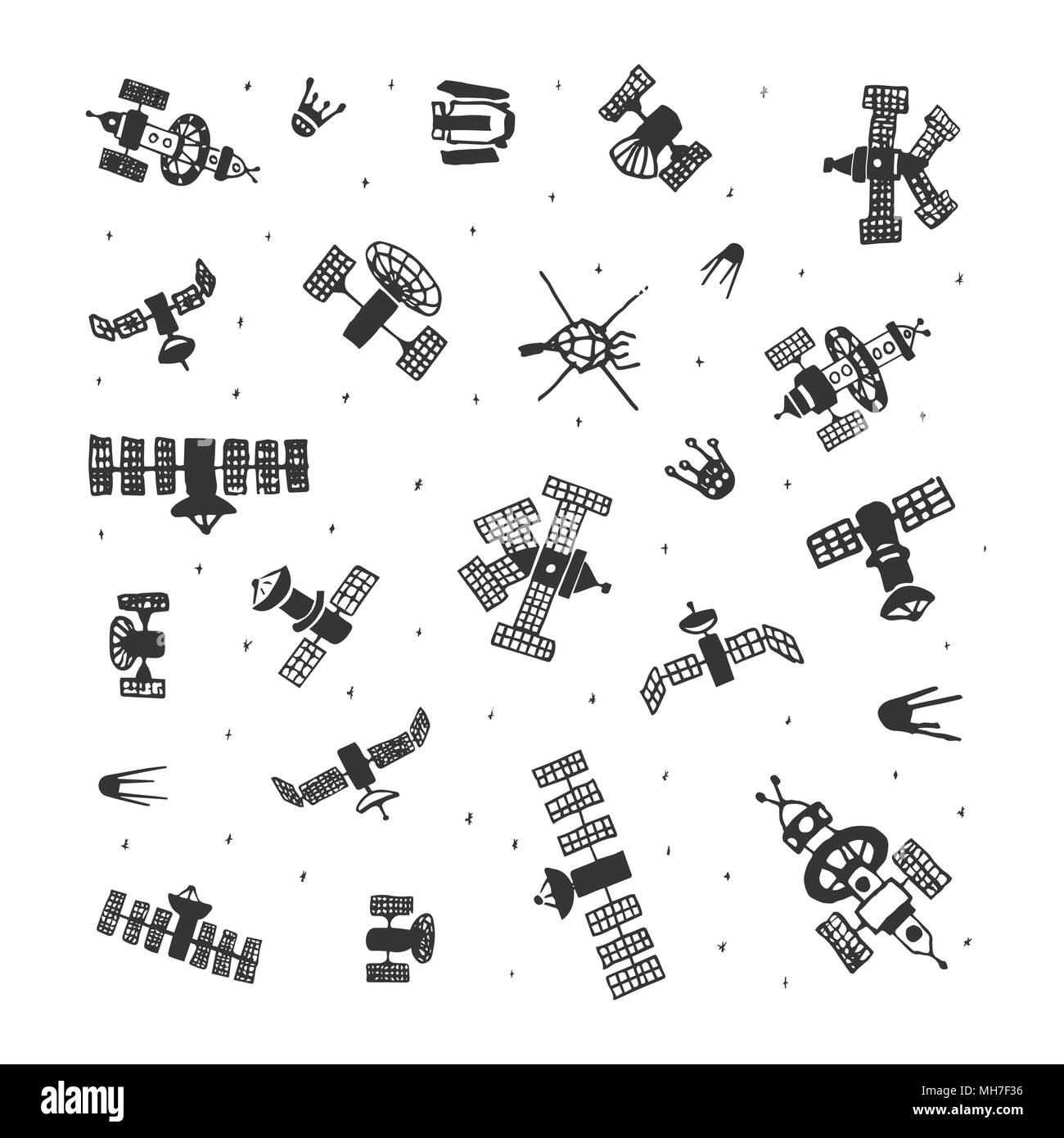 Set di vettore del dipinto a mano doodle spazio satellite. Schizzo satellite spaziale Illustrazione Vettoriale