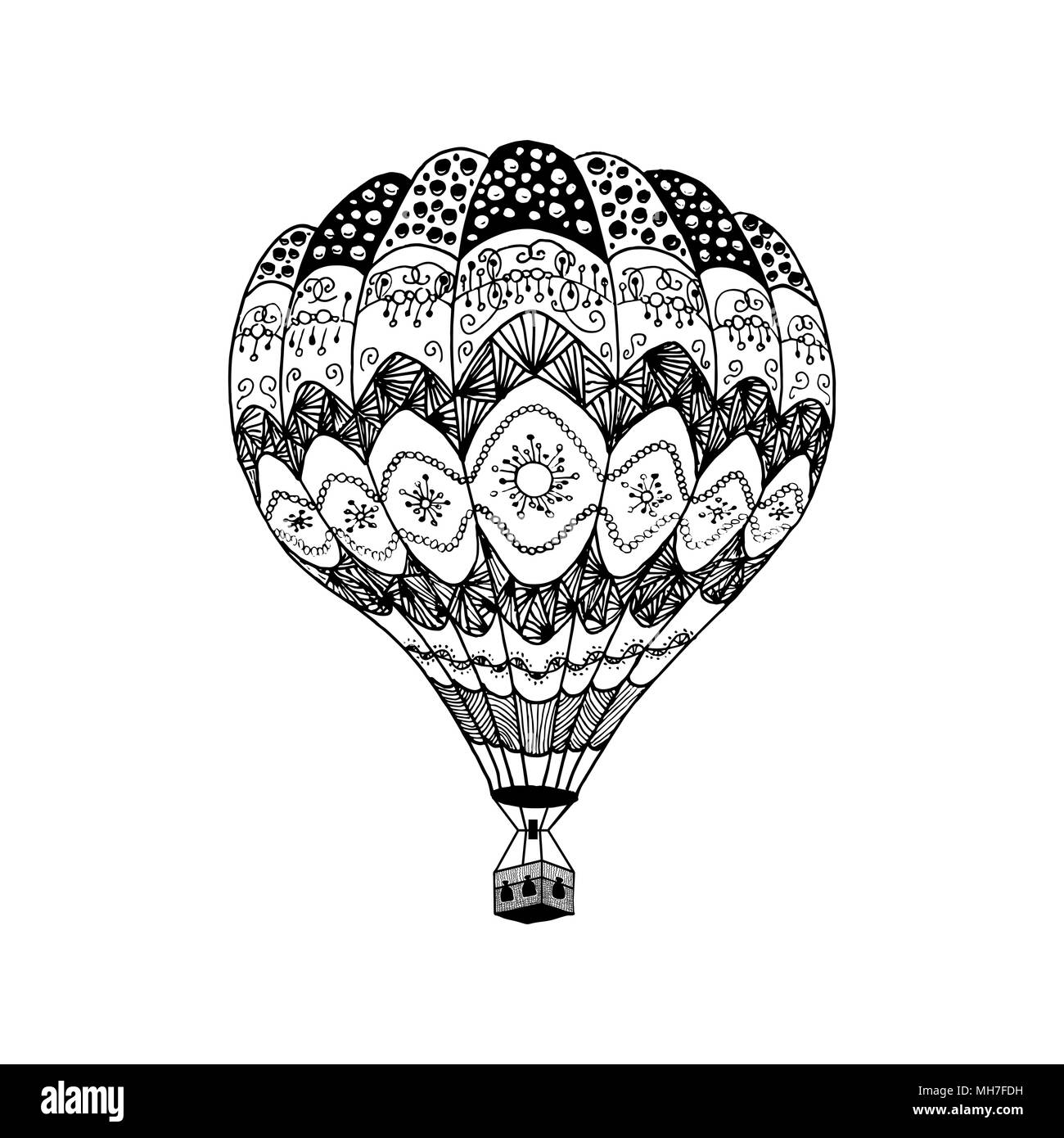 Illustrazione Vettoriale della mongolfiera in stile zentangle. Pagina di colorazione prenota anti stress. Disegnata a mano in mongolfiera ad aria calda Illustrazione Vettoriale