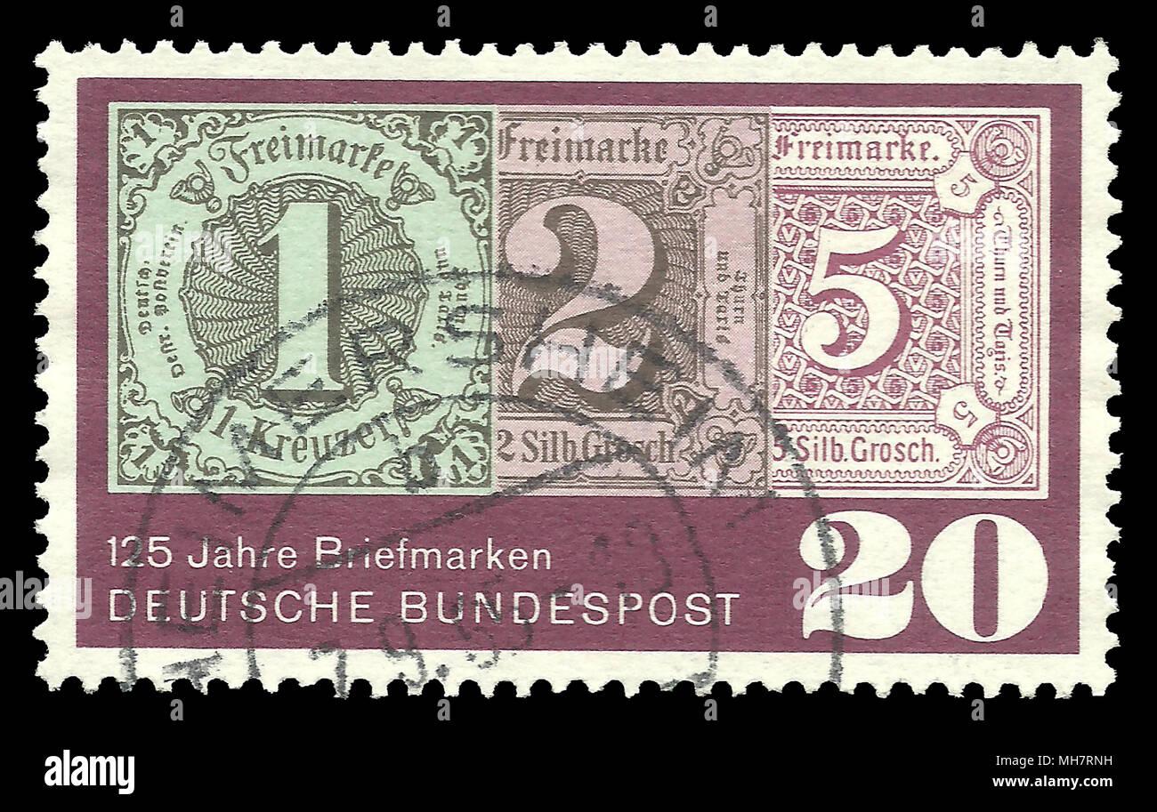 Germania - timbro 1965: Colore edition su casi particolari, mostra centoventicinquesimo anniversario del primo francobollo Foto Stock