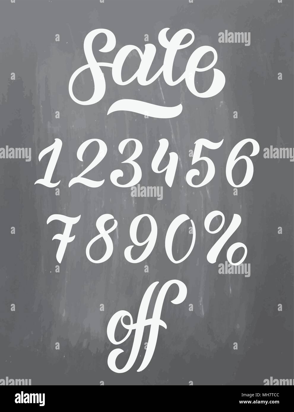 Imposta di vendita di scritte, vettore, i numeri da 0 a 9 off peccent frase. Illustrazione di inchiostro. Spazzola moderna calligrafia. Isolato su sfondo lavagna. Textured blackboard Illustrazione Vettoriale
