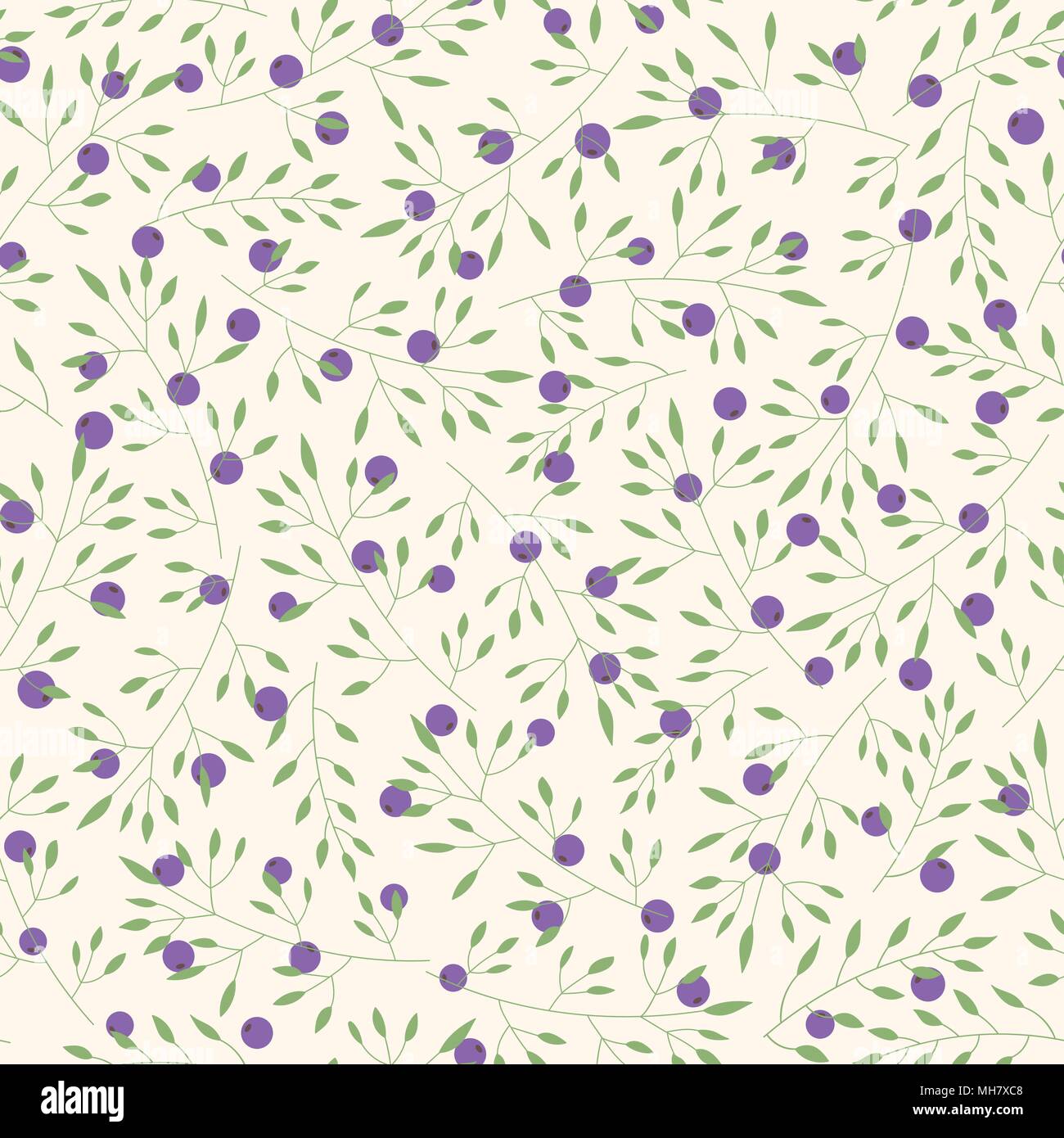 Disegnata a mano con motivi floreali di vettore seamless pattern con rami, foglie e mirtilli sullo sfondo beige. Carino semplice decorazione con piante e purpl Illustrazione Vettoriale