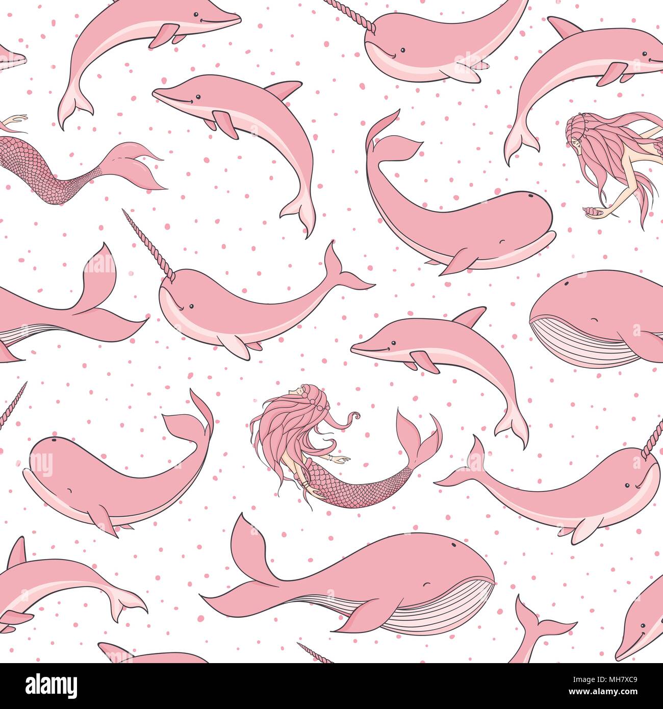 Vector pattern senza soluzione di continuità con le balene, sirene, narwhals e delfini la rosa punteggiato sfondo. Disegnato a mano le creature del mare, sirene e vita marina. Illustrazione Vettoriale