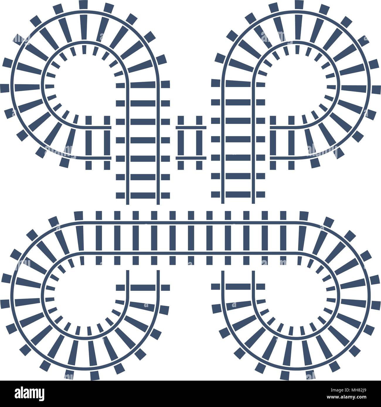 Ferrovia intersezione, binario, treno bridge road. Curva di vettore mappa, nodo ferroviario simbolo. Illustrazione Vettoriale
