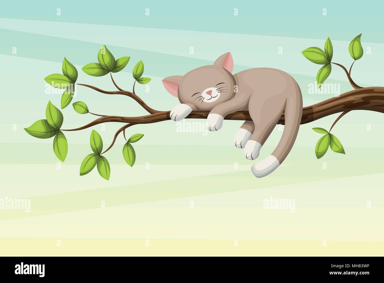 Piccolo gatto ist dormire su un ramo con foglie Illustrazione Vettoriale