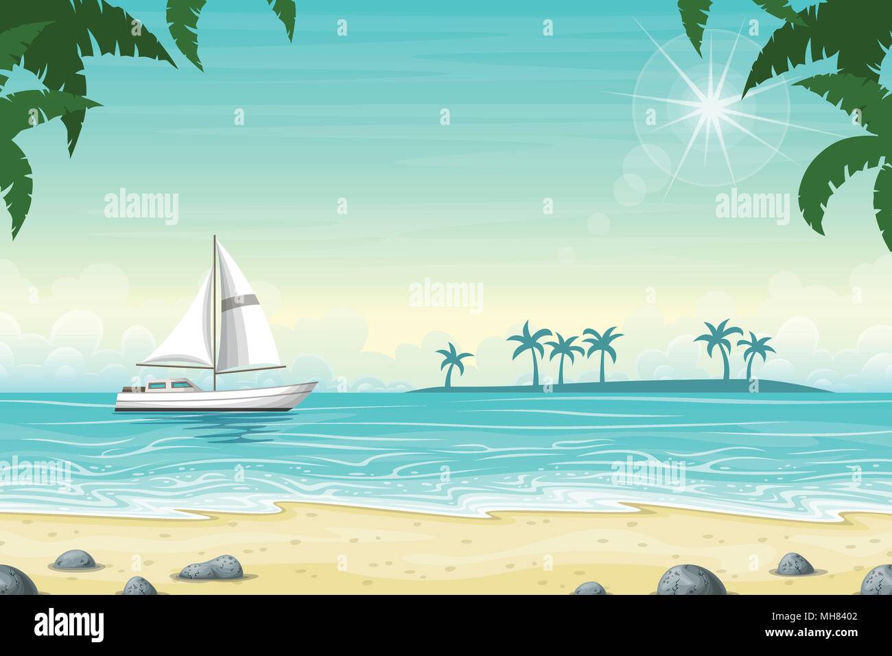 Spiaggia tropicale paesaggio sfondo d'estate con la barca Illustrazione Vettoriale