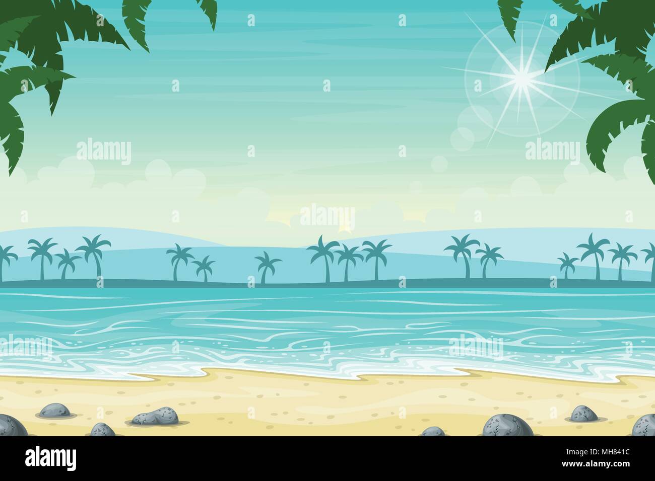 Spiaggia tropicale paesaggio estate sfondo con palme Illustrazione Vettoriale