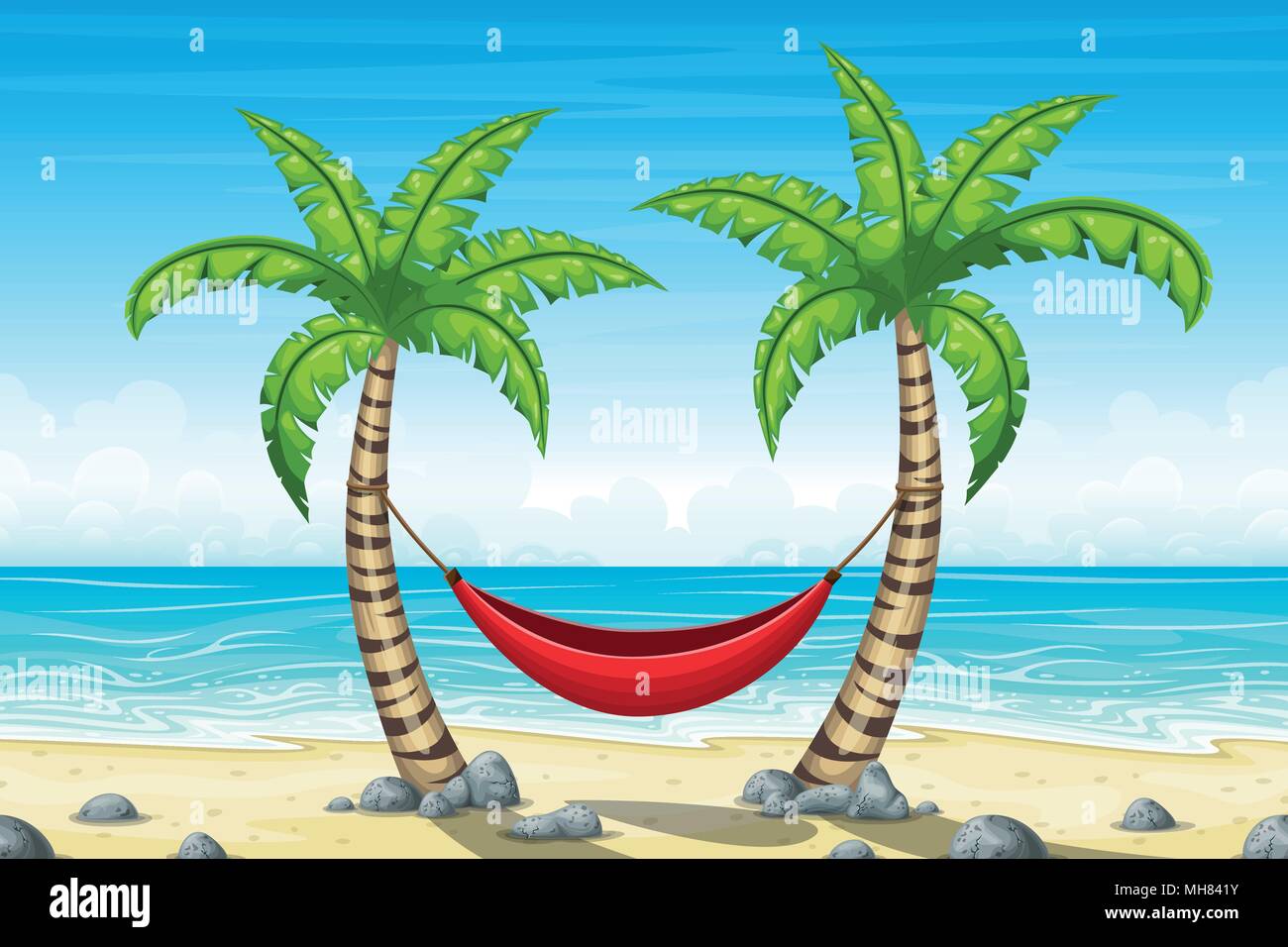 Spiaggia tropicale paesaggio estate sfondo con hammrock Illustrazione Vettoriale