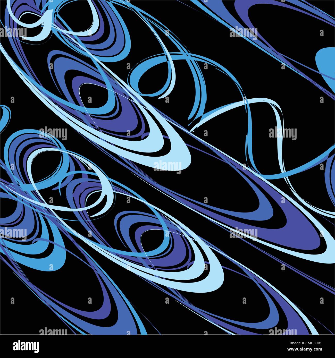 Sfondo astratto di ondulata, linee ad impulsi di vernici su sfondo nero, illustrazione vettoriale. Spazio d'arte texture, blue pattern. Illustrazione Vettoriale
