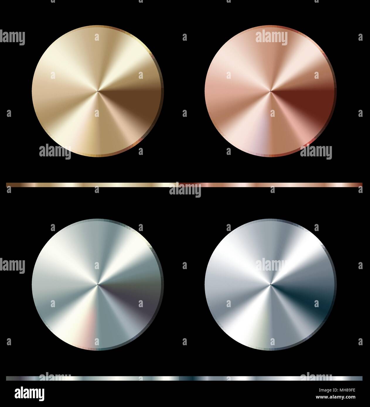 Gradiente di metallo modello. Oro, argento, bronzo, platino, acciaio cromato superficie tonda, illustrazione vettoriale. Illustrazione Vettoriale