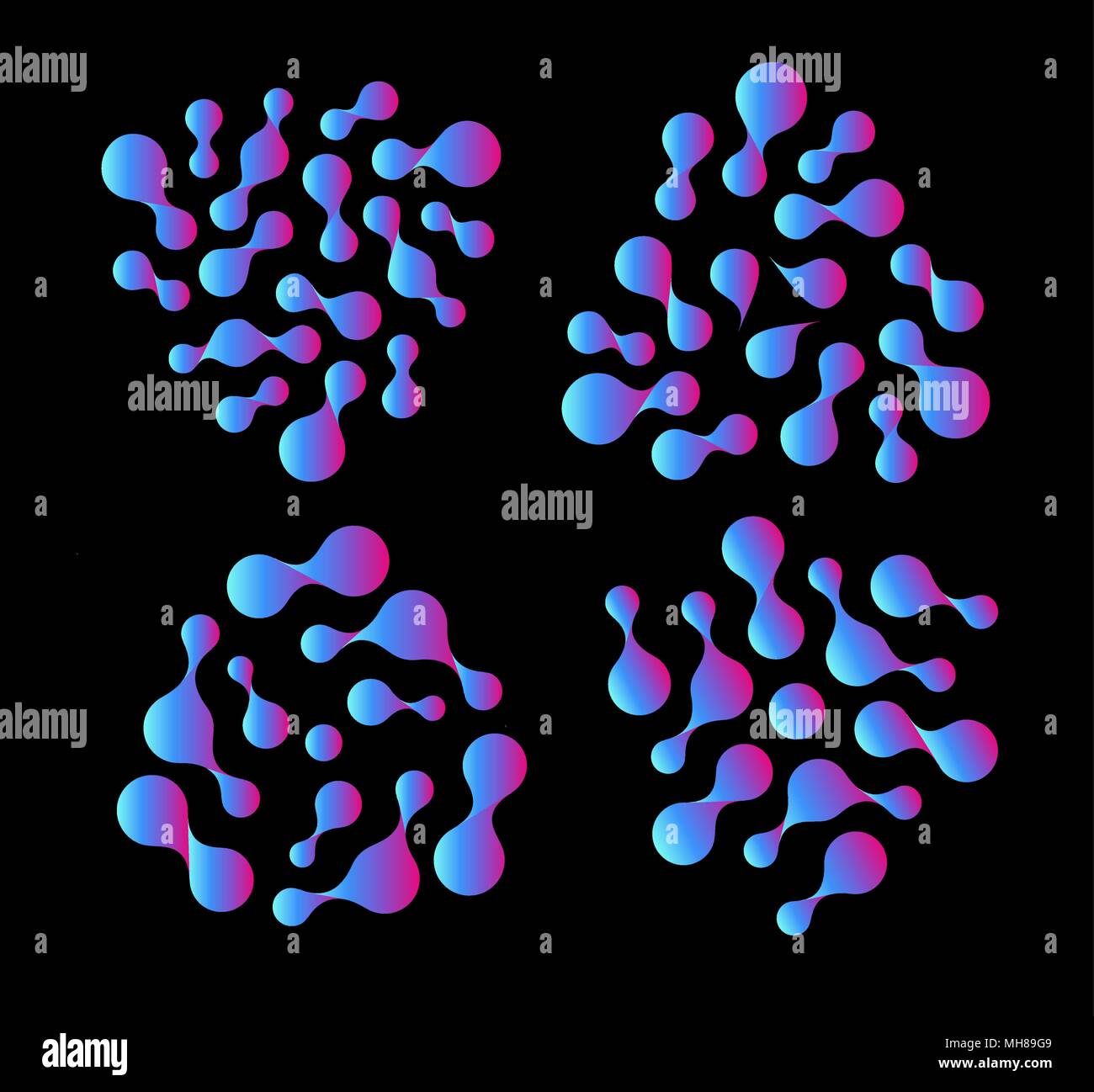 Abstract insolito blu, porpora e violetto gradiente di discesa forme, vettore isolato modello logo. La struttura biologica, nano tecnologia di laboratorio su sfondo nero. Illustrazione Vettoriale