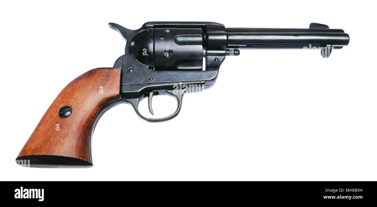 Vista laterale di un revolver isolati su sfondo bianco Foto Stock