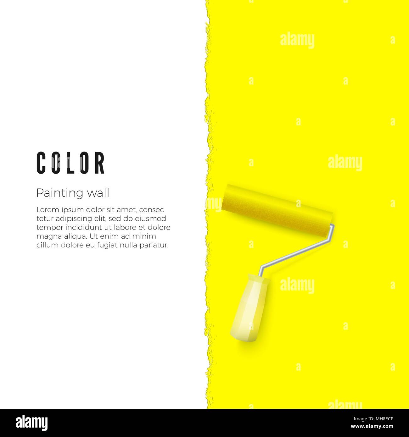 Rullo di verniciatura con vernice gialla e spazio per il testo o altro disegno sulla parete verticale. Illustrazione Vettoriale Illustrazione Vettoriale