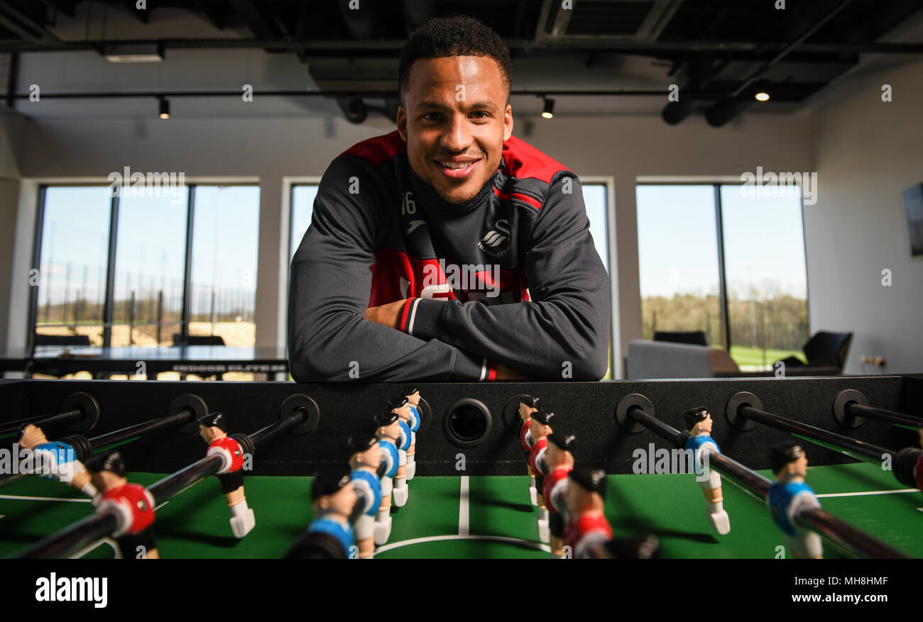 18 aprile 2018 raffigurata è Swansea City player, Martin Olsson presso il club Fairwood addestramento complesso. Foto Stock