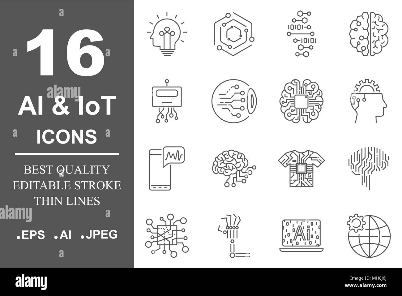 Semplice insieme di intelligenza artificiale relative icone di linea contiene tali icone come droid, occhio, chip, cervello. Corsa modificabile. EPS 10 Illustrazione Vettoriale