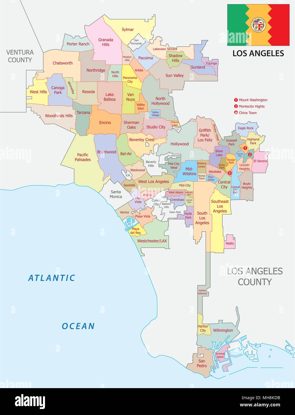 Los Angeles politica e amministrativa di mappa vettoriale con bandiera Illustrazione Vettoriale