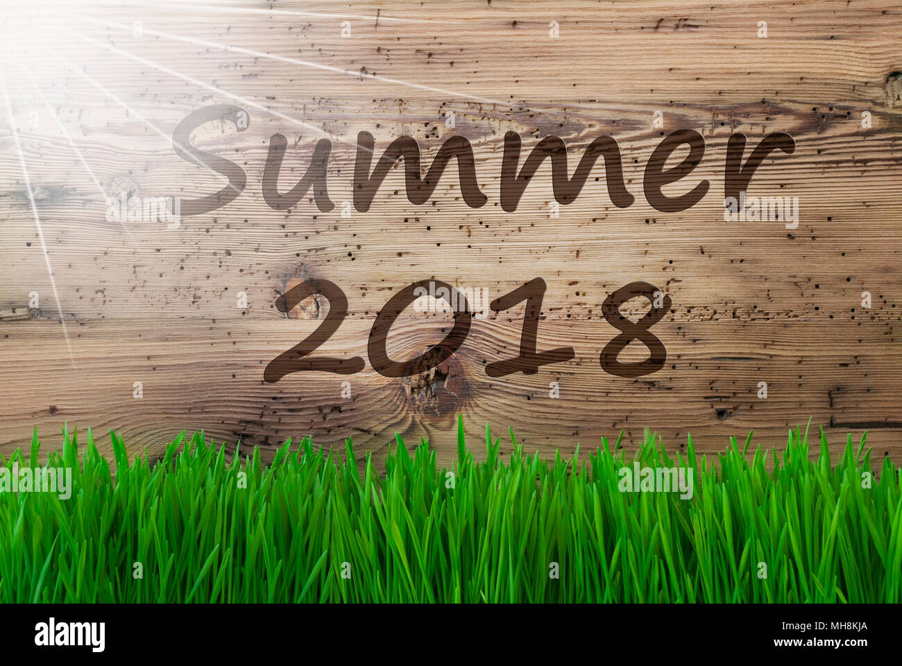 Soleggiato sullo sfondo di legno, Gras, testo estate 2018 Foto Stock