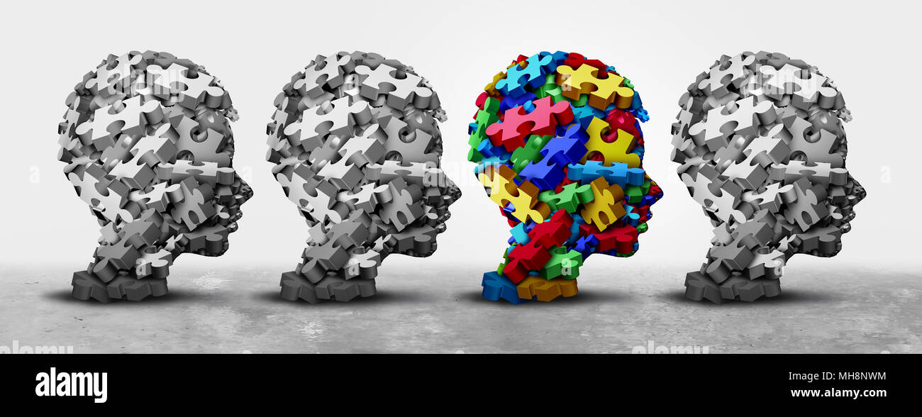 Bambino autistico e di spettro di autismo puzzle a forma di una testa di bambino come un 3D'illustrazione. Foto Stock