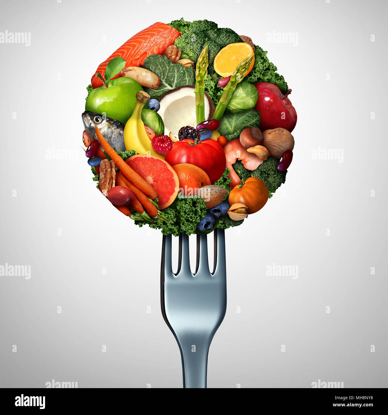 Cibo sano idea con ortaggi frutta i dadi e i dadi su una forchetta come stile di vita per la salute simbolo con 3D'illustrazione degli elementi. Foto Stock