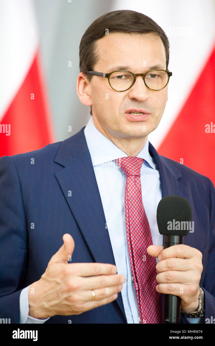 Mateusz Morawiecki, Primo Ministro della Repubblica di Polonia a Pelplin, Polonia. 28 aprile 2018 © Wojciech Strozyk / Alamy Stock Photo Foto Stock