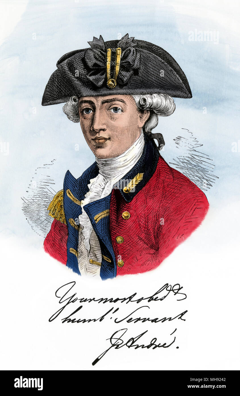 Il Maggiore John Andre, ufficiale britannico implicata nel Benedict Arnold spy plot. Digitalmente la xilografia colorata Foto Stock