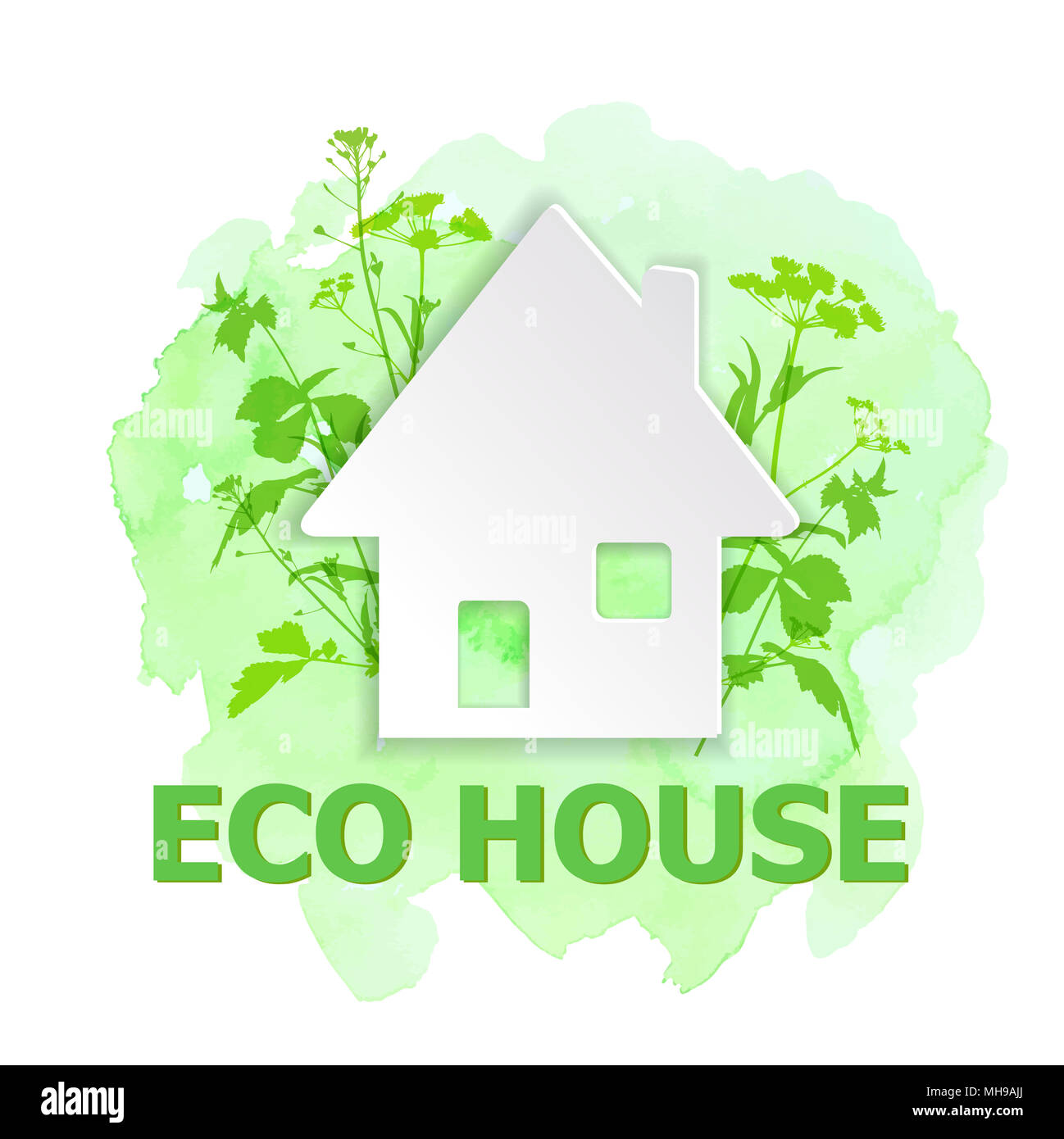 White paper house e piante verdi su un acquerello verde dello sfondo. Ecologia building concept. Foto Stock