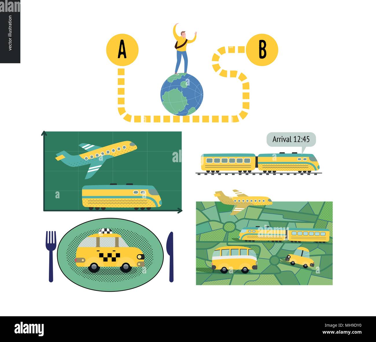 Da un punto A ad un punto B di un insieme di mezzi di trasporto il concetto di pianificazione - aereo e treno Orario grafica, servizio taxi, city road map, Orario treni Illustrazione Vettoriale