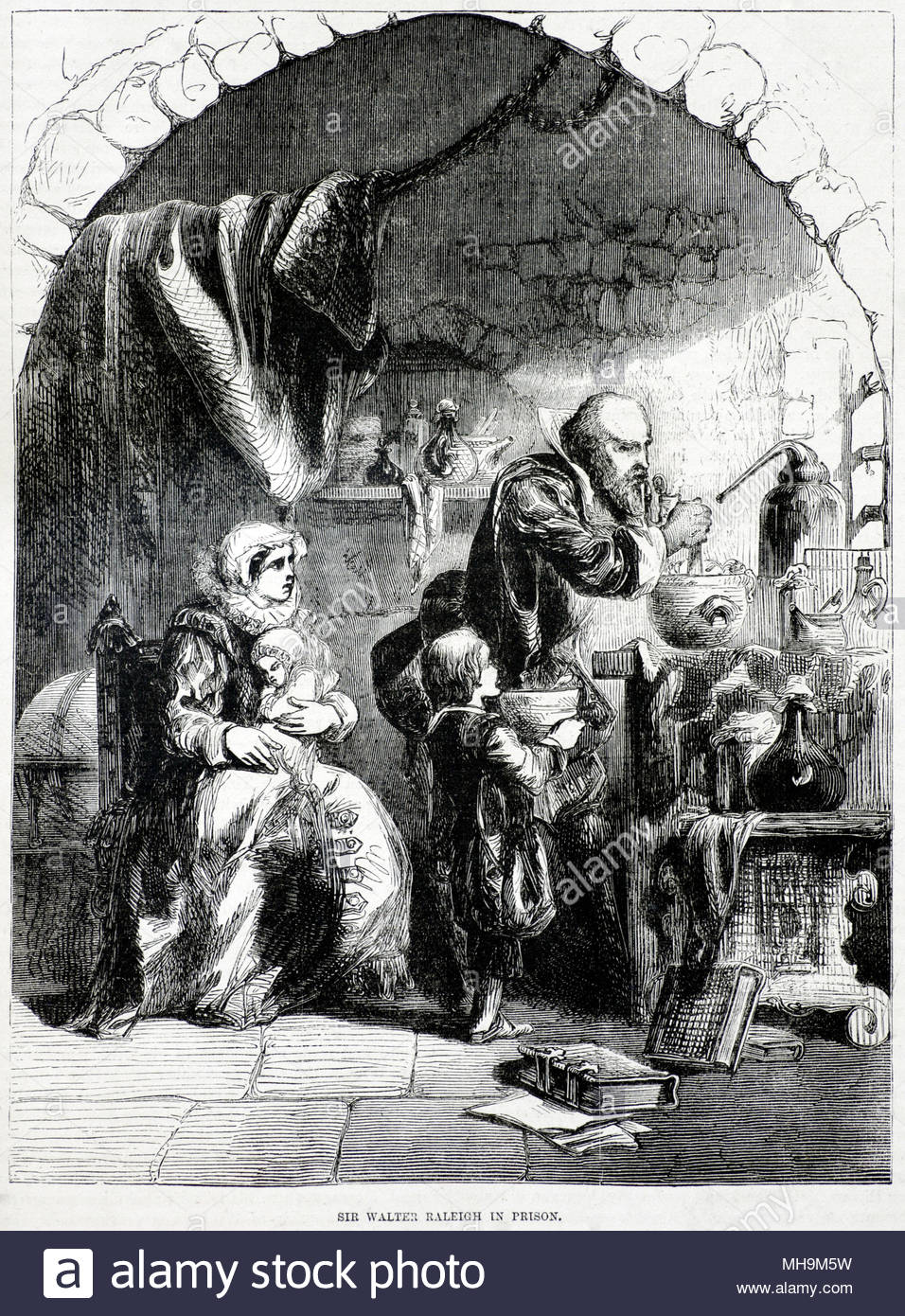 Sir Walter Raleigh, 1554 – 1618, è stato un gentiluomo, scrittore, poeta, soldato, politico inglese, corteggiatore, spia ed esploratore, qui in carcere nella Torre 1603 , illustrazione antica del 1880 circa Foto Stock