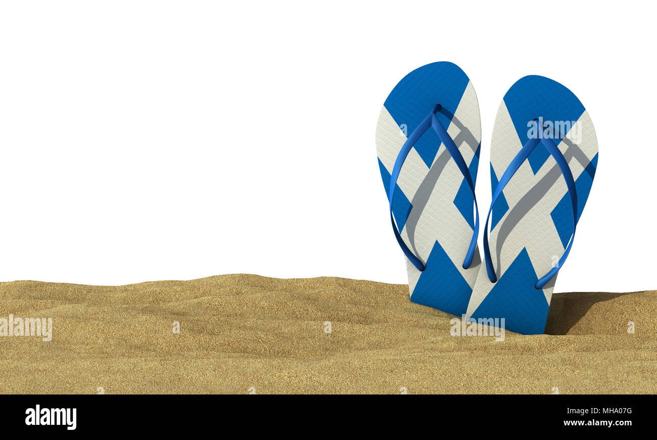 Scozia bandiera flip flop sandali su uno sfondo bianco. Il rendering 3D Foto Stock